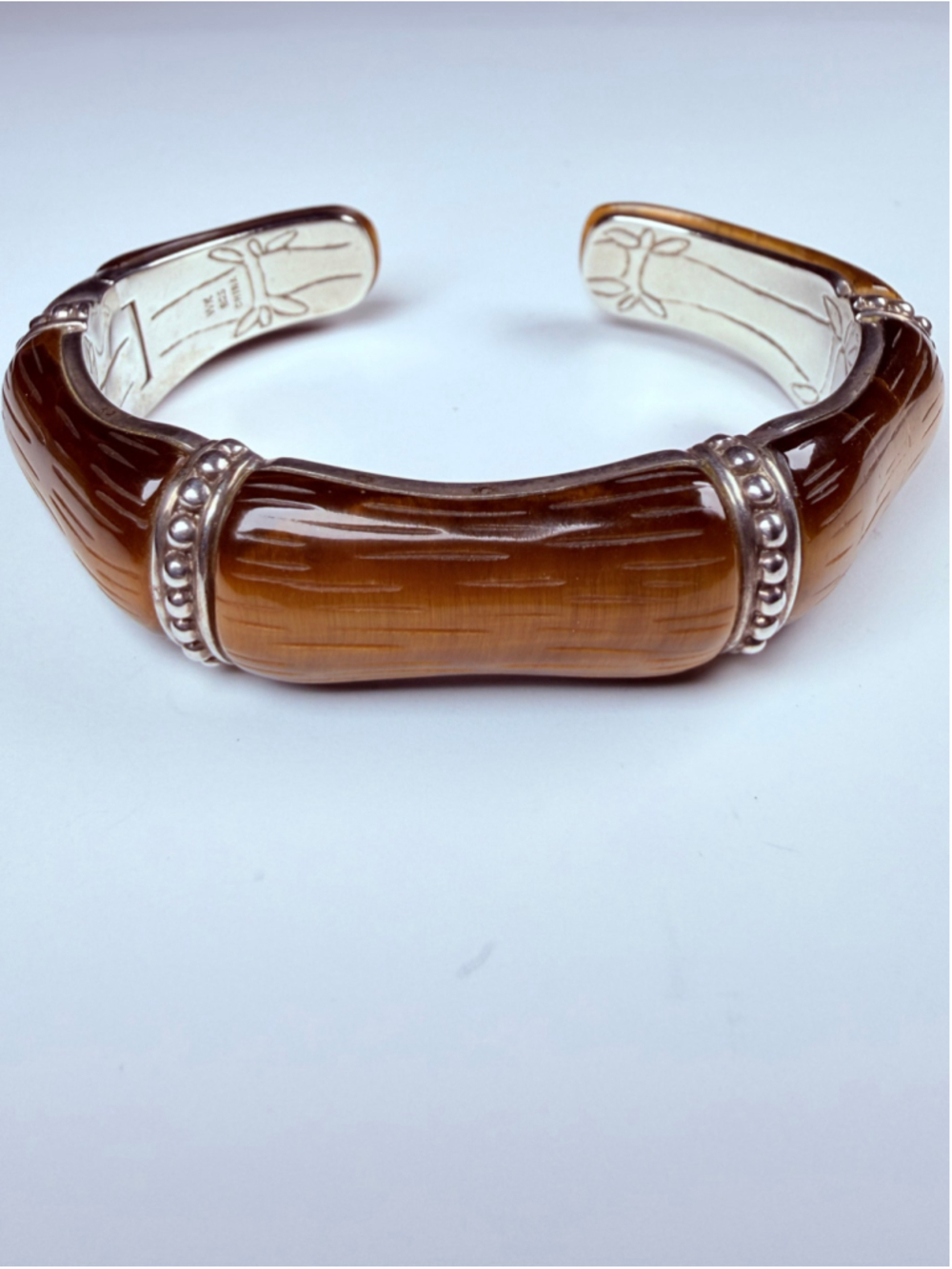 Whitney Kelly Tiger Eye Bamboo 925 Sterling Silver JH Hinged Cuff Bracelet